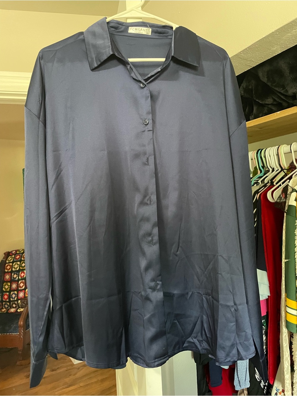 CHIGANT Satin-feel Navy Button-Front Women’s Shirt